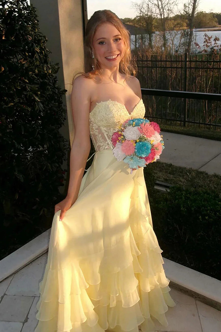 Chiffon A-Line Sweetheart Strapless Tiered Party Prom Dress