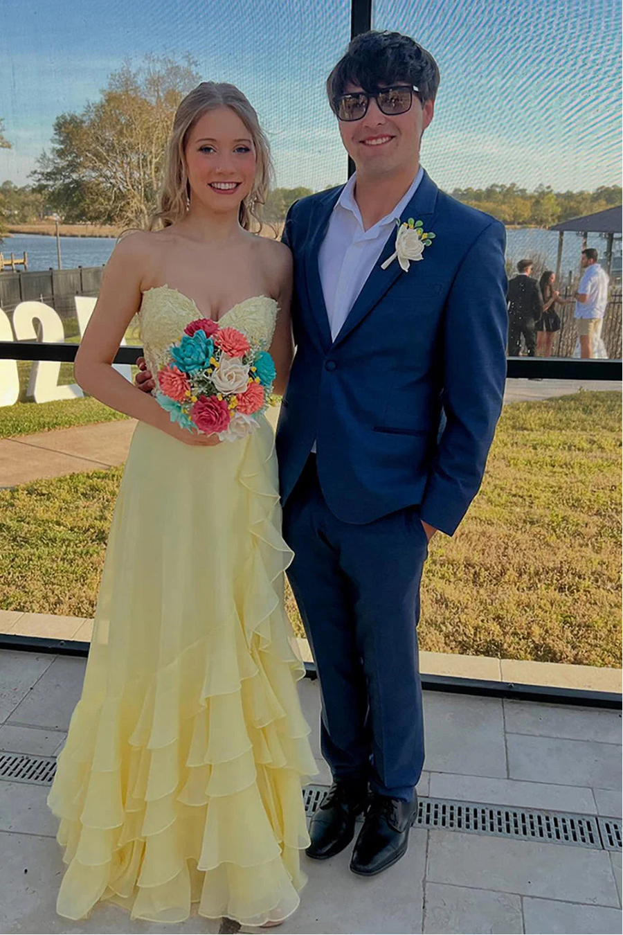 Chiffon A-Line Sweetheart Strapless Tiered Party Prom Dress