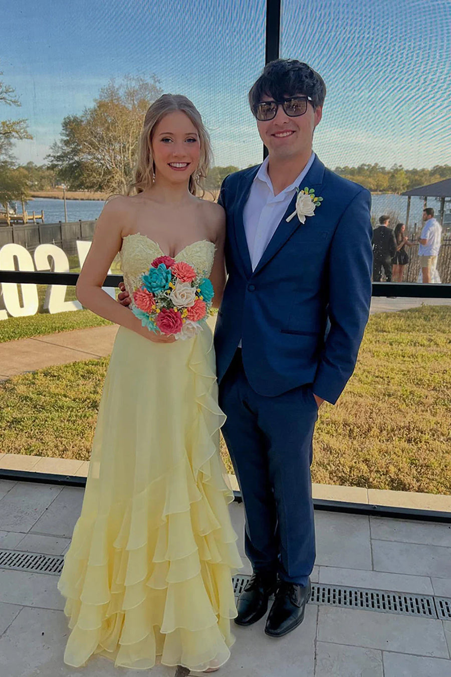 Chiffon A-Line Sweetheart Strapless Tiered Party Prom Dress