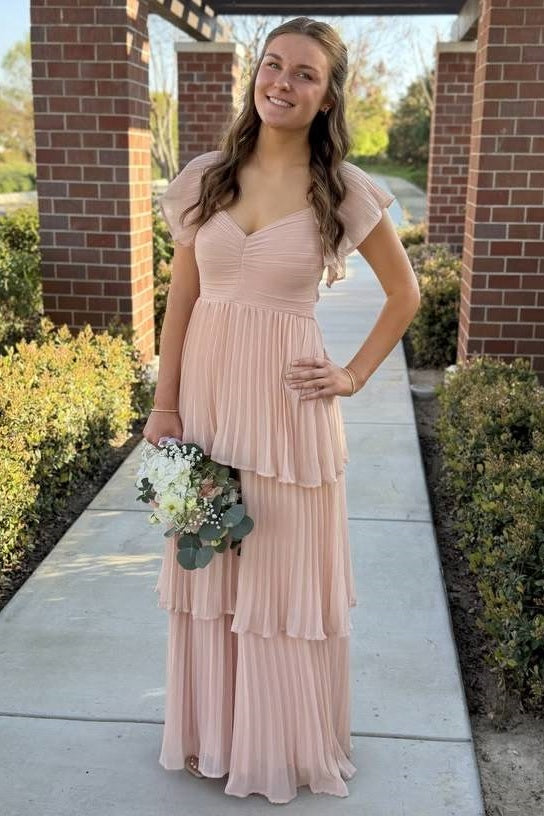 Chiffon A-Line V-Neck Empire Tiered Maxi Bridesmaid Dress