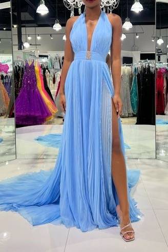 Chiffon A-Line V-Neck Halter With Side Slit Prom Dress