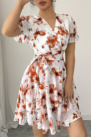 Chiffon A-Line V-Neck Short Sleeves Floral Mini Party Holiday Dress