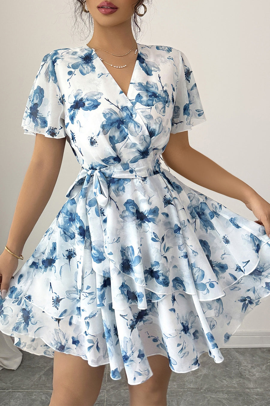 Chiffon A-Line V-Neck Short Sleeves Floral Mini Party Holiday Dress
