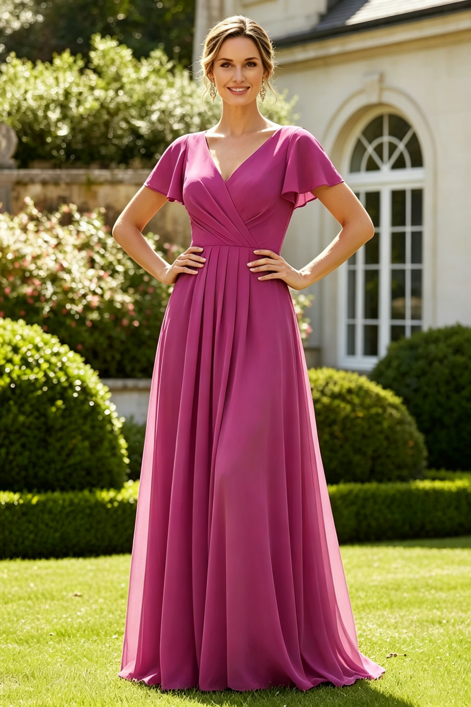 Chiffon A-Line V-Neck Short Sleeves Maxi Mother Of The Bride Dress