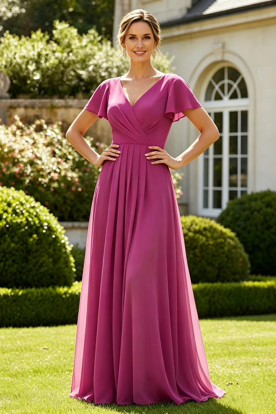 Chiffon A-Line V-Neck Short Sleeves Maxi Mother Of The Bride Dress