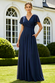 Chiffon A-Line V-Neck Short Sleeves Maxi Mother Of The Bride Dress