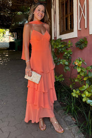 Chiffon A-Line V-Neck Spaghetti Straps Tiered Party Prom Dress