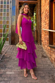 Chiffon A-Line V-Neck Spaghetti Straps Tiered Party Prom Dress