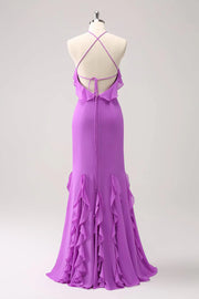 Chiffon Halter Lace Up Sleeveless Ruffled Bridesmaid Dress