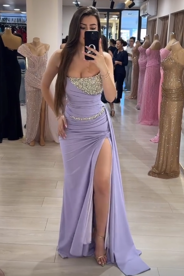 Chiffon Mermaid Bateau Strapless Beaded Empire Party Prom Dress