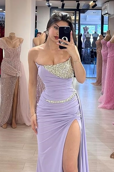 Chiffon Mermaid Bateau Strapless Beaded Empire Party Prom Dress