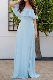 Chiffon Off-Shoulder Ruffled A-Line Long Bridesmaid Dress