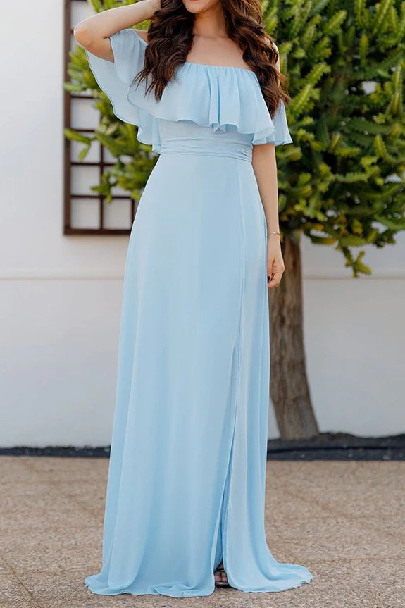 Chiffon Off-Shoulder Ruffled A-Line Long Bridesmaid Dress