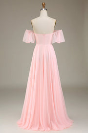 Chiffon Pink A-Line Off-Shoulder Sweetheart Empire Bridesmaid Dress