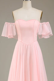 Chiffon Pink A-Line Off-Shoulder Sweetheart Empire Bridesmaid Dress