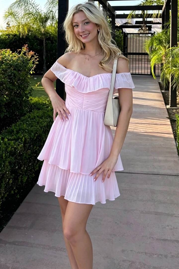 Chiffon Pleated Off-Shoulder A-Line Tiered Short Party Homecoming Dress