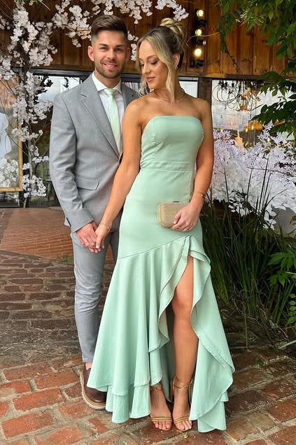 Chiffon Strapless Empire Party Prom Dress With Ruffle Slit 