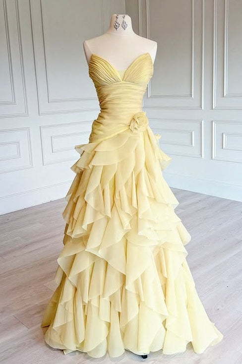 Chiffon Tiered A-Line Pleated Empire Strapless Party Prom Dress
