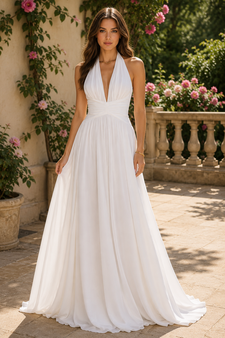 Classic A-Line Empire V-Neck Halter Backless Beach Wedding Dress White / US 16