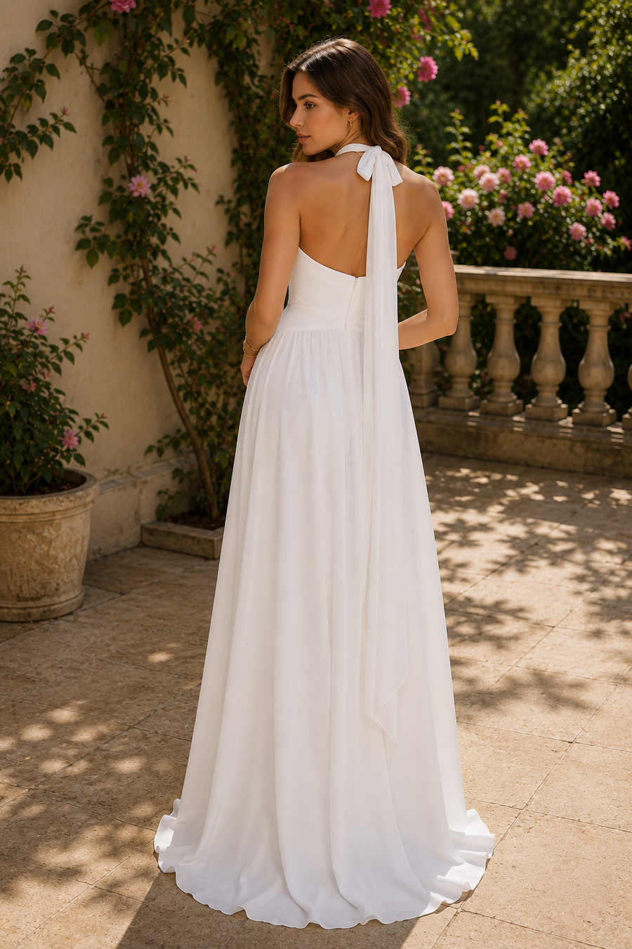 Classic A-Line Empire V-Neck Halter Backless Beach Wedding Dress White / US 16