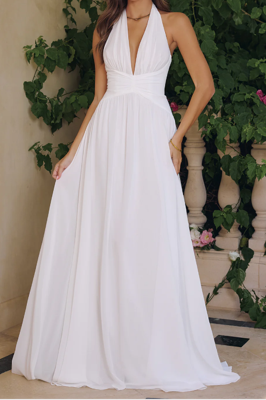 Classic A-Line Empire V-Neck Halter Backless Beach Wedding Dress