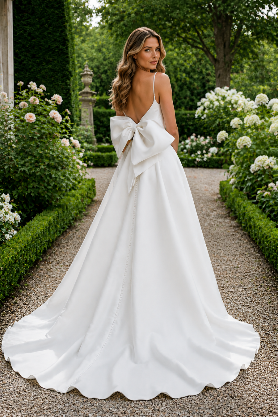 Classic A-Line Satin Sleeveless Wedding Dress With Bow And Train