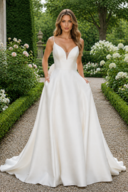 Classic A-Line Satin Sleeveless Wedding Dress With Bow And Train