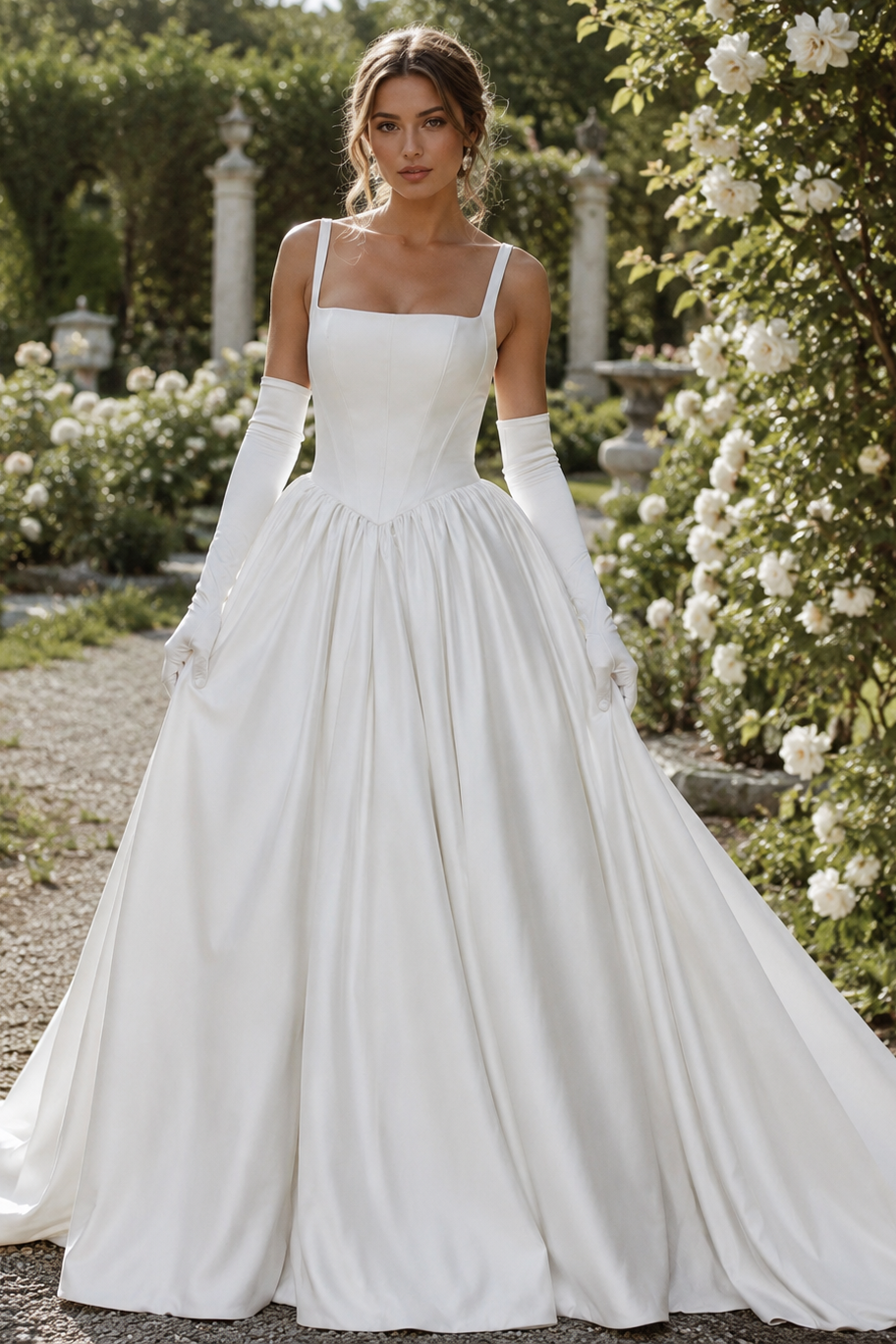Classic A-Line Satin Straps Backless Wedding Dress With Train