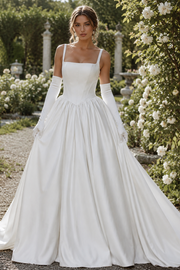 Classic A-Line Satin Straps Backless Wedding Dress With Train