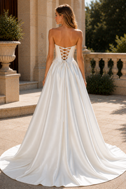 Classic A-Line Strapless Satin Split Wedding Dress With Train