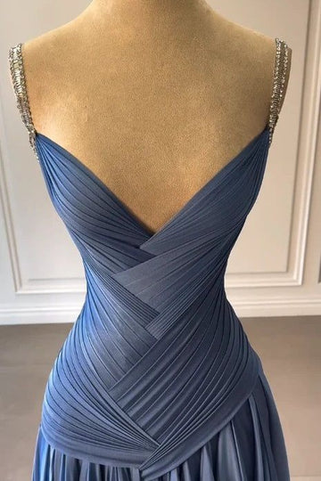 Classic A-Line V-Neck Sleeveless Pleated Long Party Prom Dress