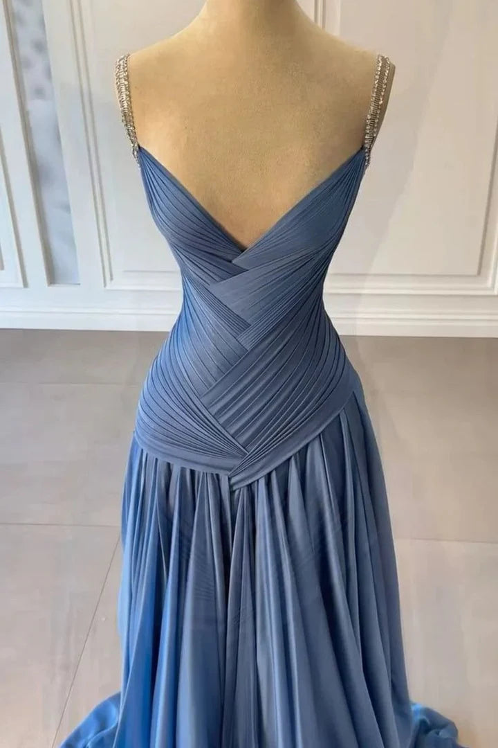 Classic A-Line V-Neck Sleeveless Pleated Long Party Prom Dress