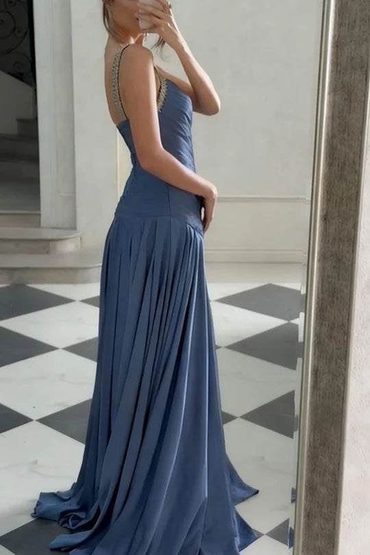 Classic A-Line V-Neck Sleeveless Pleated Long Party Prom Dress