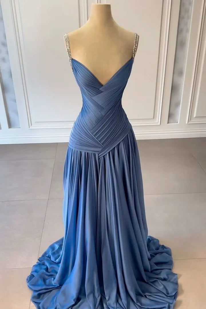 Classic A-Line V-Neck Sleeveless Pleated Long Party Prom Dress