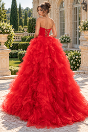 Classic Boat Strapless A-Line Satin And Tulle Ruffle Split Party Prom Dress