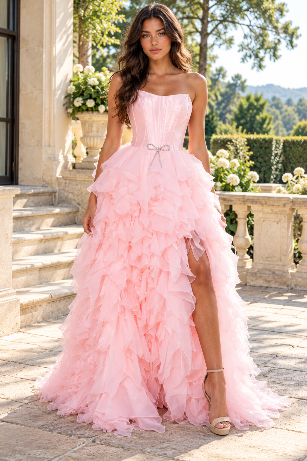 Classic Boat Strapless A-Line Satin And Tulle Ruffle Split Party Prom Dress