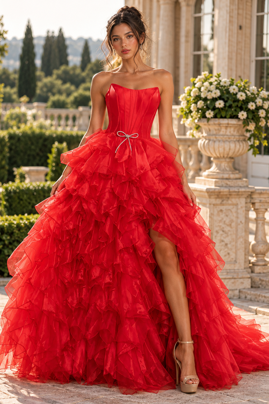 Classic Boat Strapless A-Line Satin And Tulle Ruffle Split Party Prom Dress