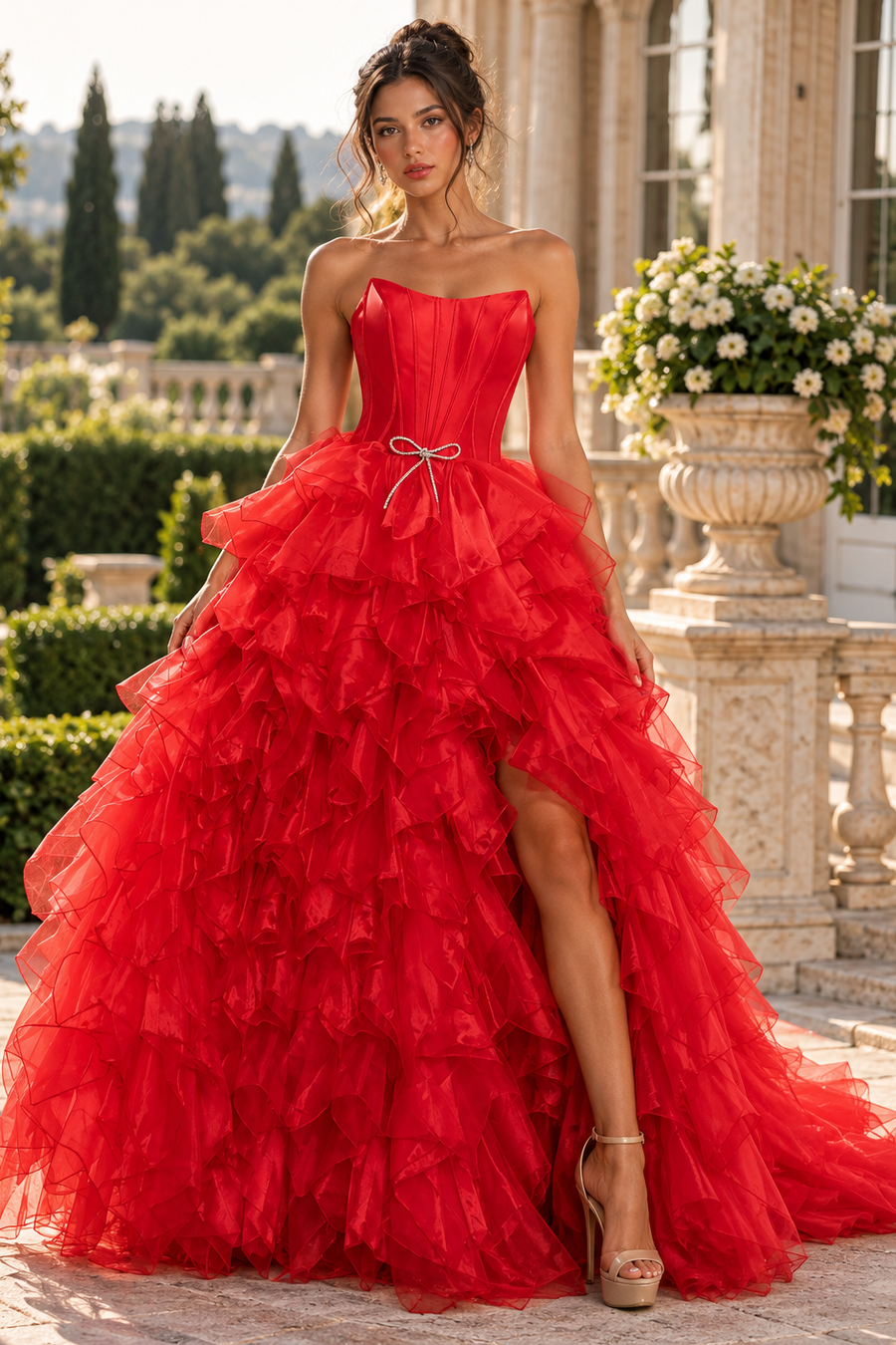 Classic Boat Strapless A-Line Satin And Tulle Ruffle Split Party Prom Dress