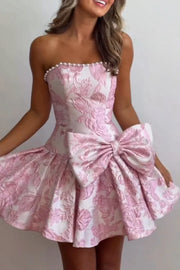 Classic Floral Satin A-Line Strapless Homecoming Dress With Bow