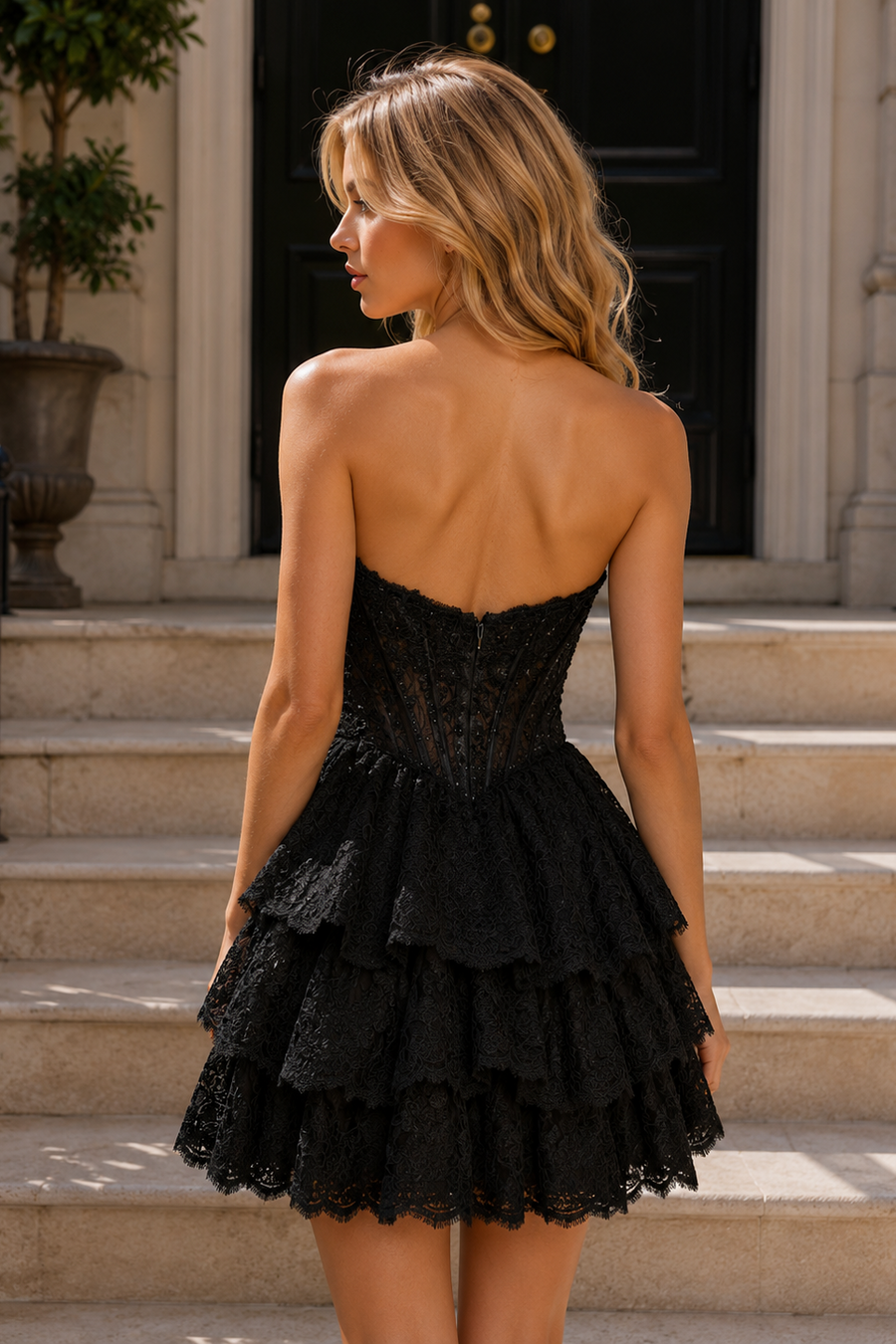 Classic Fully Lace Strapless Zipped Tiered A-Line Homecoming Dress