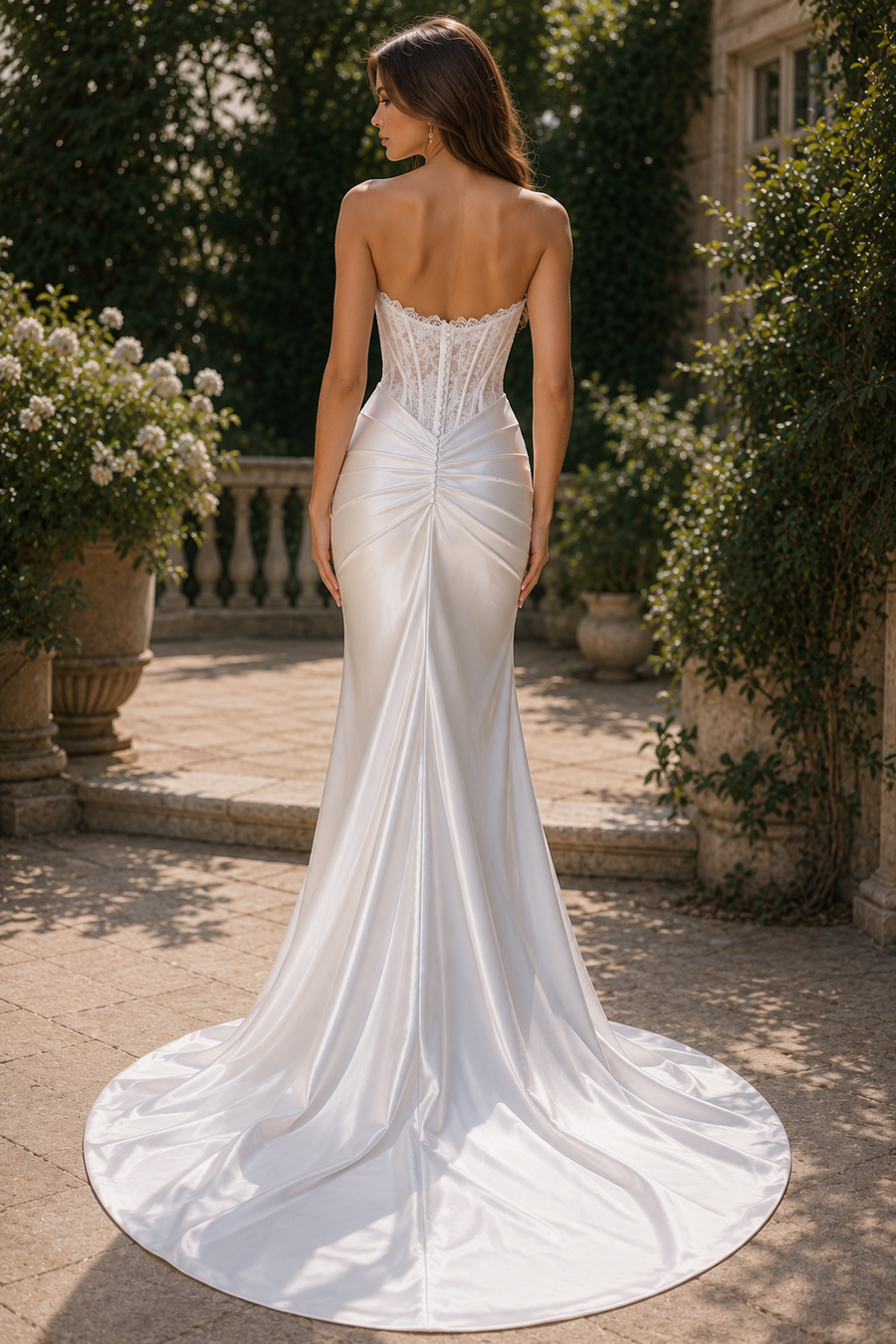 Classic Mermaid Satin And Lace Sweetheart Ruched Empire Wedding Dress