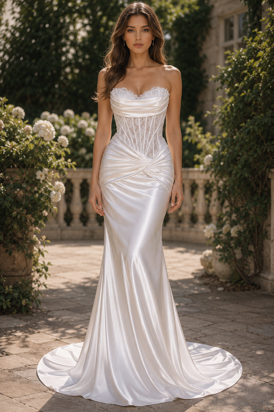 Classic Mermaid Satin And Lace Sweetheart Ruched Empire Wedding Dress White / US 8