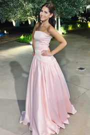 Classic Pink Satin A-Line Strapless Maxi Party Prom Dress
