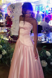 Classic Pink Satin A-Line Strapless Maxi Party Prom Dress