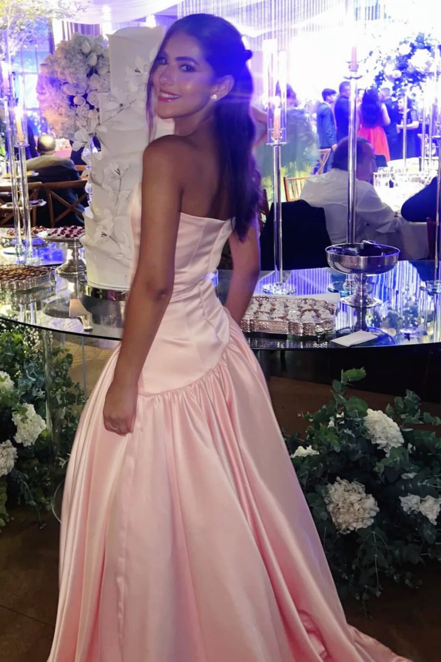 Classic Pink Satin A-Line Strapless Maxi Party Prom Dress