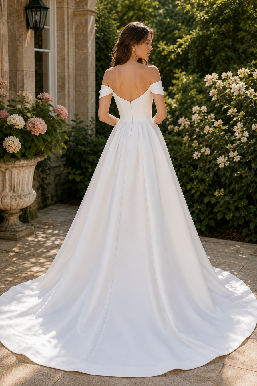 Classic Satin A-Line Boat Off-Shoulder Wedding Dress With Round Train