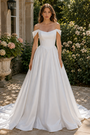 Classic Satin A-Line Boat Off-Shoulder Wedding Dress With Round Train