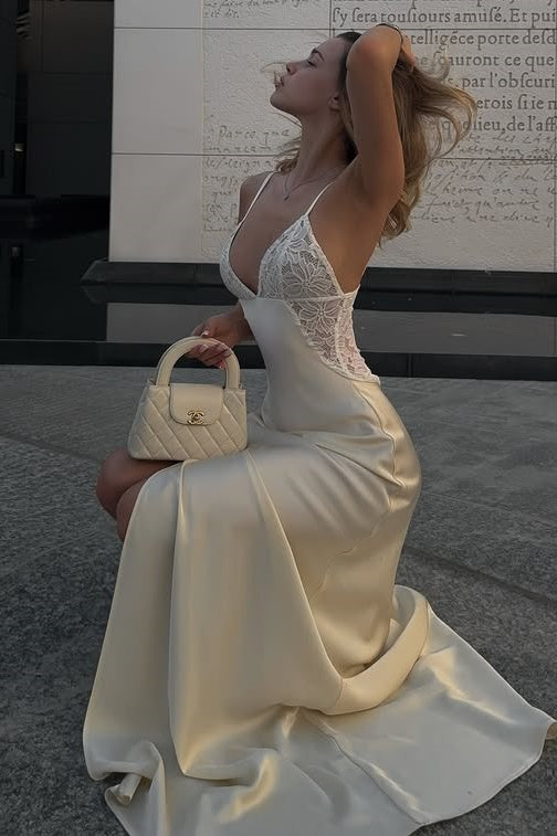 Classic Satin Mermaid V-Neck Sleeveless Long Party Prom Dress