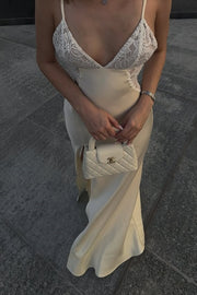 Classic Satin Mermaid V-Neck Sleeveless Long Party Prom Dress