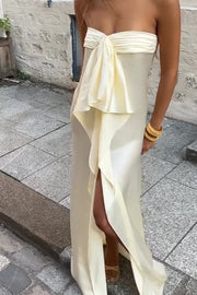 Classic Satin Sleeveless Ruffle Split Party Prom Dress With Train